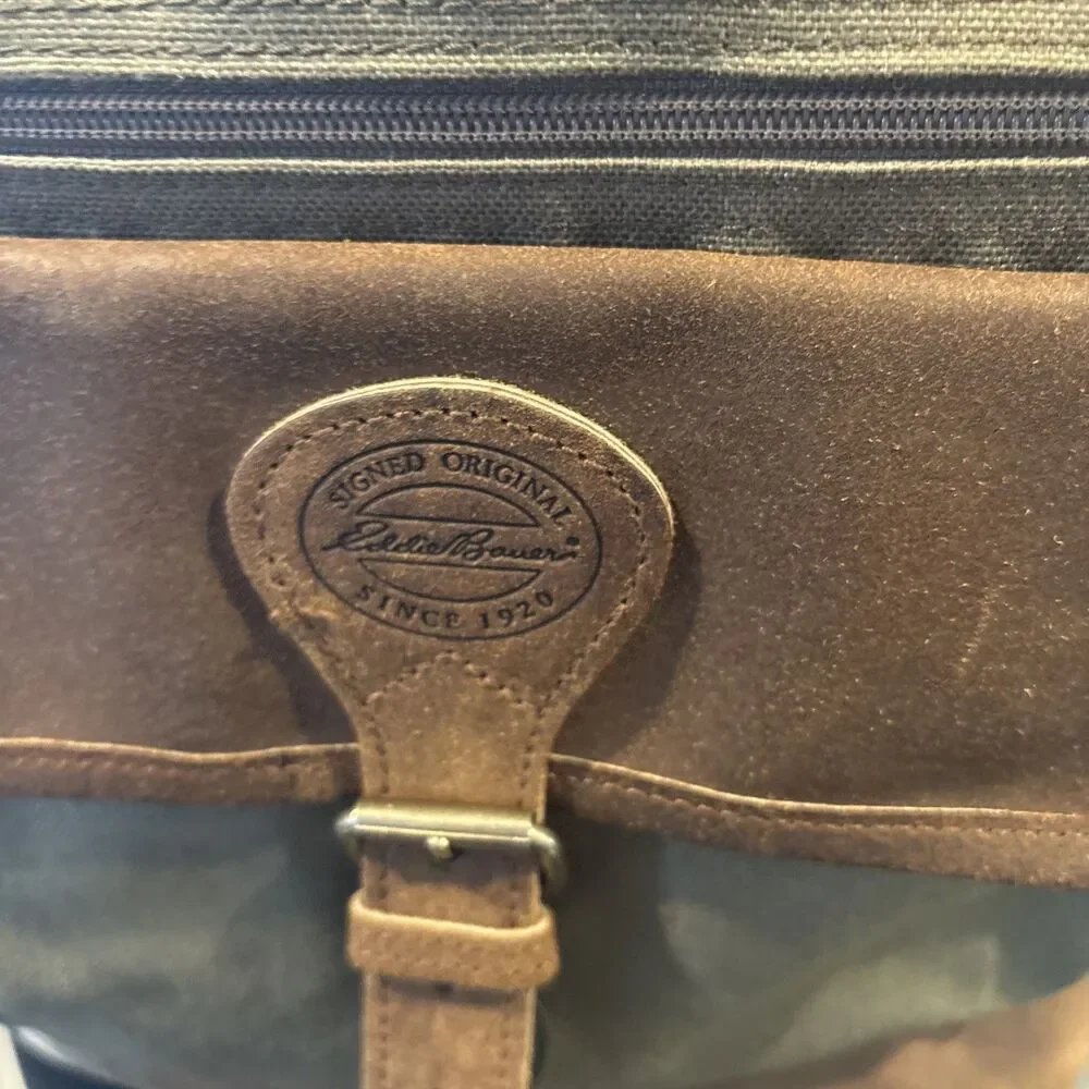 Vtg 90s Eddie Bauer Legacy Leather Canvas Backpack Olive Green Gorpcore